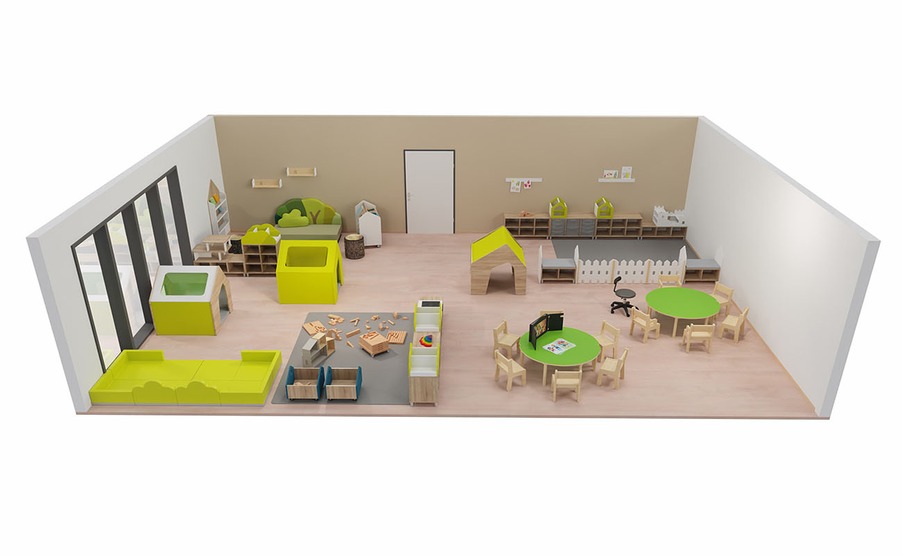 Gruppenraum Wohlfühlgruppenraum mit Betzold Waldsofa, EduCasa Spielhaus Sinne, Bücherwagen, Flexeo Regalen, Spiegelhaus und Ritterburg Regalaufsatz