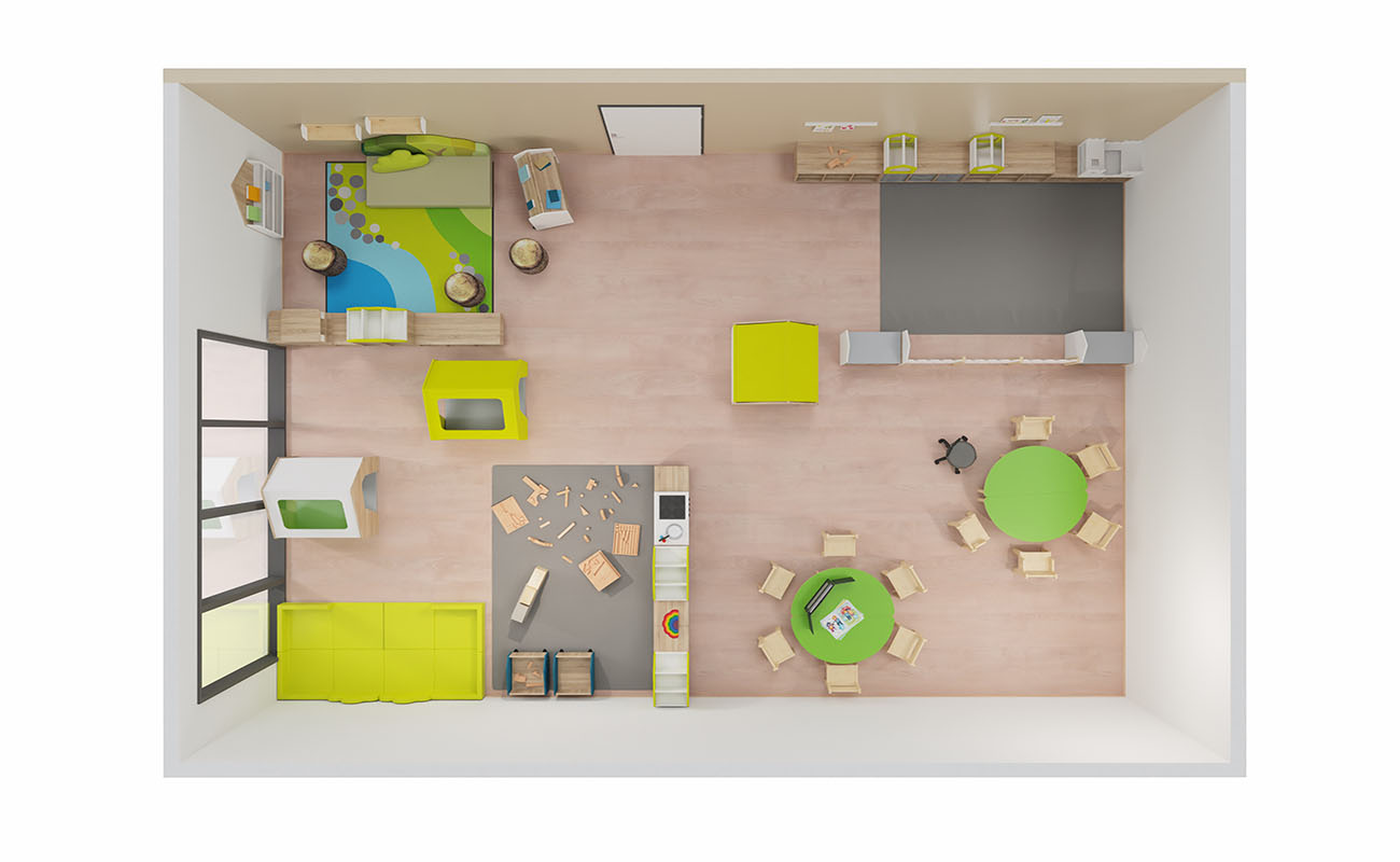 Gruppenraum Wohlfühlgruppenraum mit Betzold Waldsofa,  EduCasa Spielhaus Sinne, Bücherwagen, Flexeo Regalen, Spiegelhaus und Ritterburg Regalaufsatz