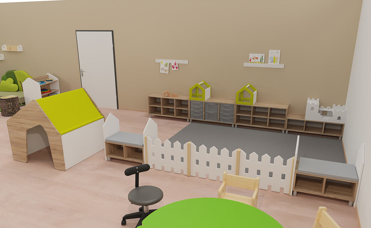 Gruppenraum Wohlfühlgruppenraum Ausschnitt mit EduCasa Spielhaus, EduCasa Raumtrenner Zaun, Flexeoregal mit EduCasa Spiegelhaus und Ritterburg