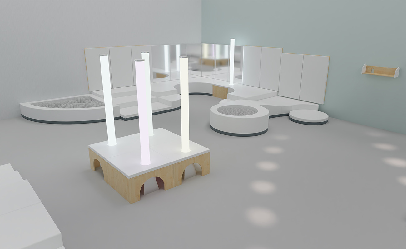 Sinnesraum Lichtspiel Ausschnitt mit Lichtsäulen, Bällebädern, Wandspiegeln und alba Podesten