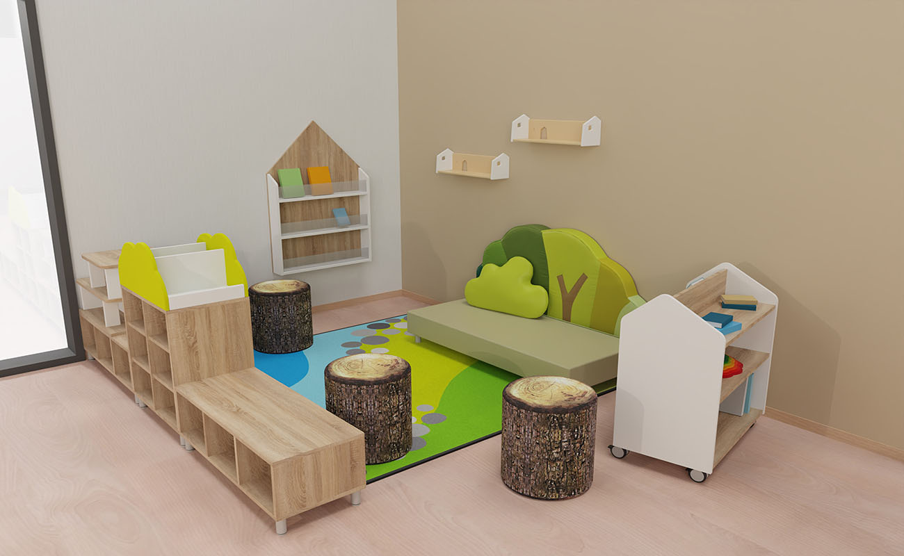 Gruppenraum Wohlfühlgruppenraum Ausschnitt mit EduCasa Bücherwagen, Betzold Waldsofa, EduCasa Bücherregal Haus und Regalaufsatz Parkhaus