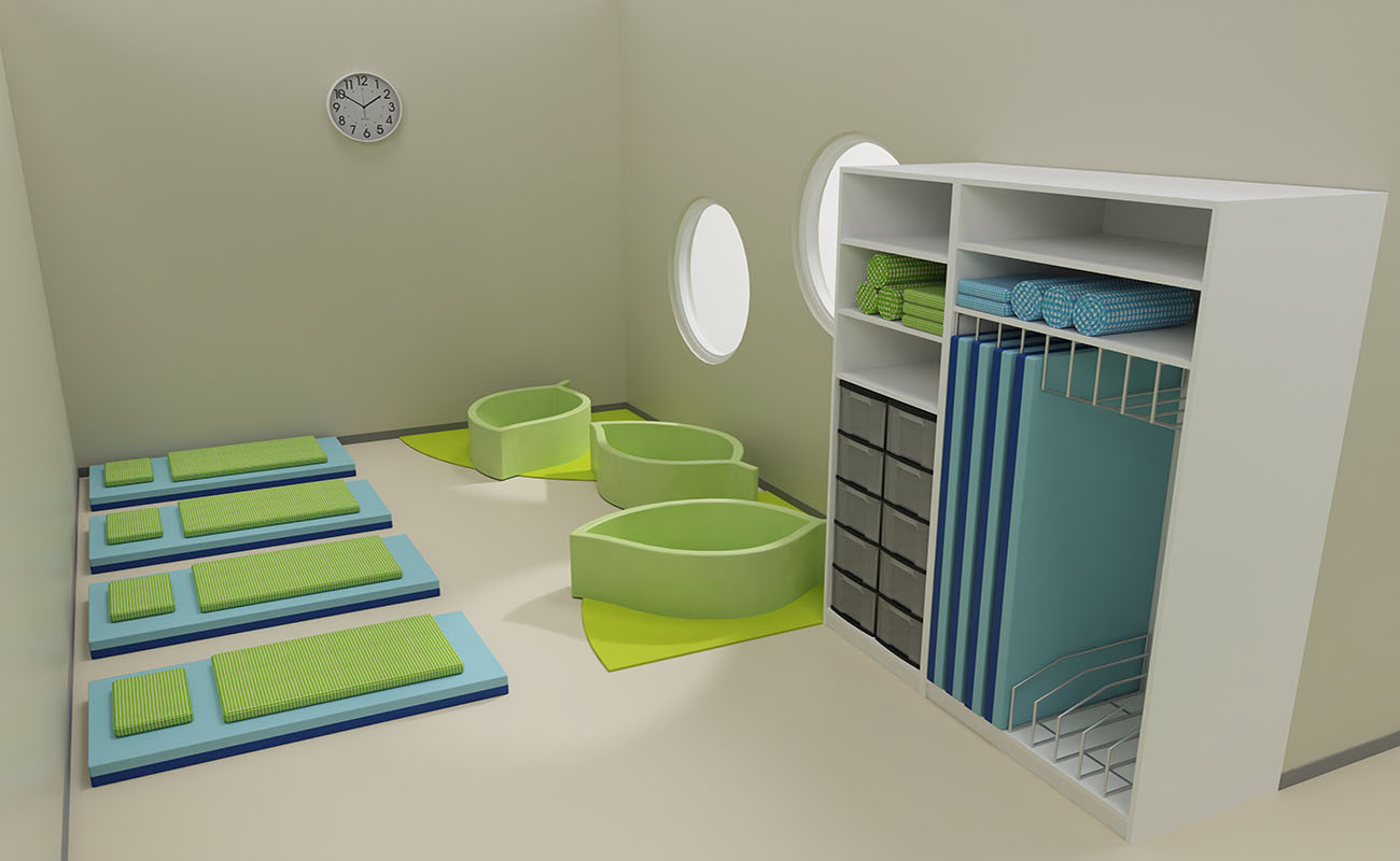 Schlafraum Cocoon Raumecke mit Schlafblättern, Flexeo Mattenschrank und BebeNino Liegen