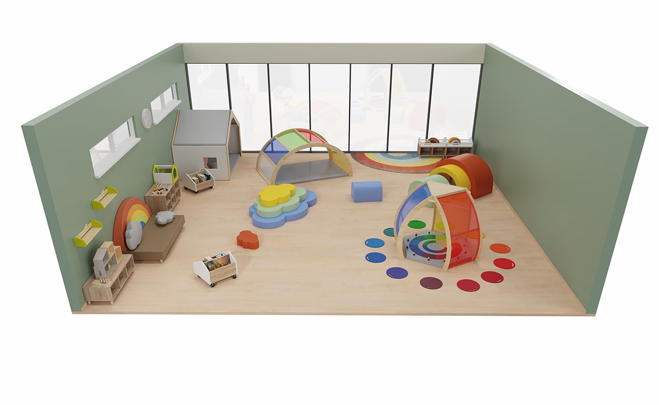 Gruppenraum Regenbogen Seitenansicht mit Betzold Regenbogensofa, EduCasa Traumhaus, Farbtempel, Betzold Regenbogen mit Acrylglas, Regenbogenteppich, Softbausteine Regenbogen, Kriechtunnel Regenbogen