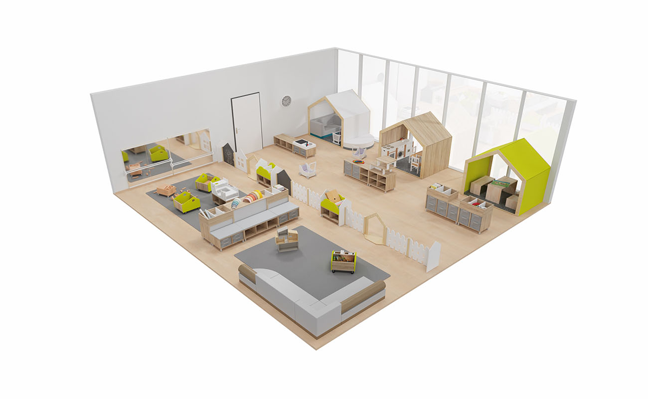 Gruppenraum Spieleparadies mit EduCasa Spielhäusern, Raumtrennern, Betzold Kinderküche, Raumtrenner Gartenzaun, Flexeo Regale und Clubbo Sofa