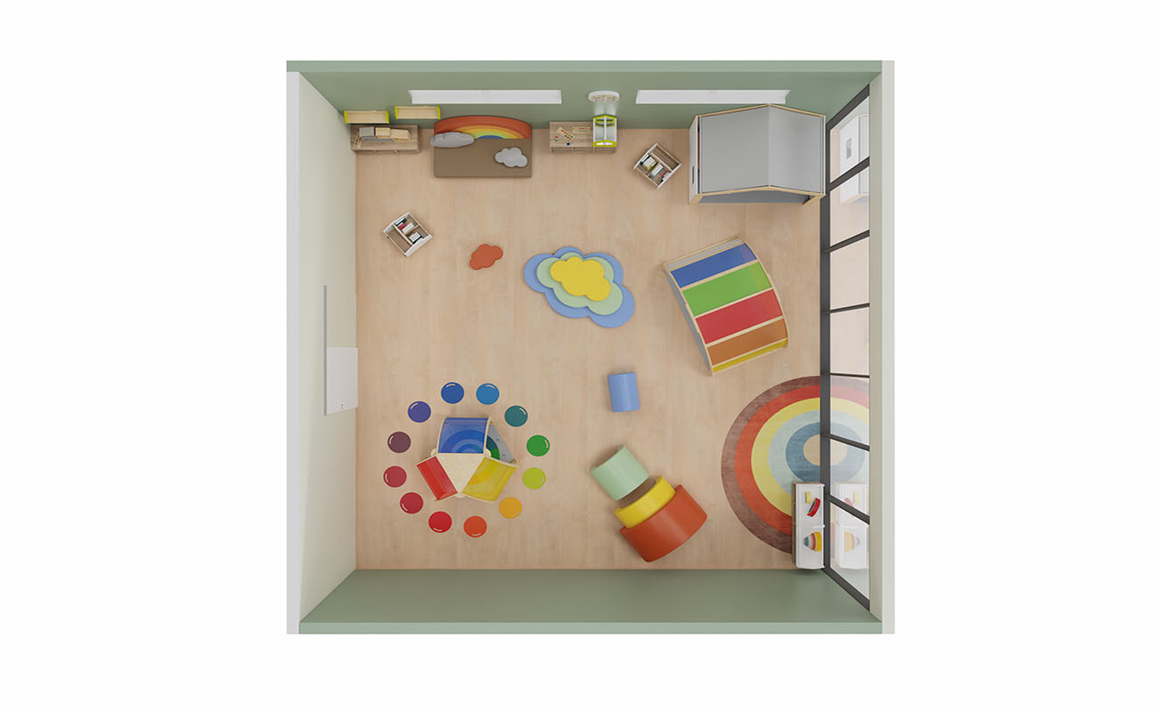 Gruppenraum Regenbogen Obenansicht mit Betzold Regenbogensofa, EduCasa Traumhaus, Farbtempel, Betzold Regenbogen mit Acrylglas, Regenbogenteppich,  Softbausteine Regenbogen, Kriechtunnel Regenbogen