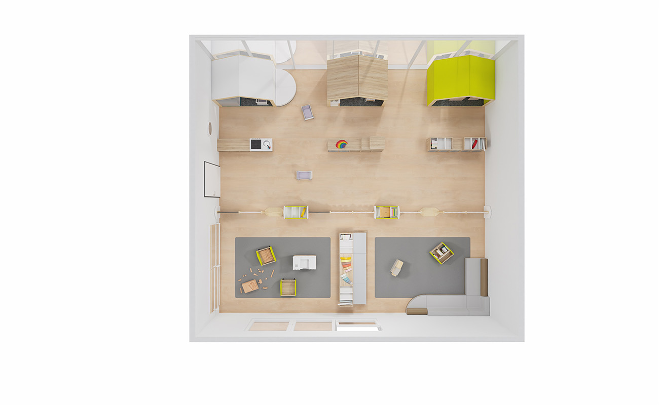 Gruppenraum Spieleparadies mit EduCasa Spielhäusern, Raumtrennern, Betzold Kinderküche, Raumtrenner Gartenzaun, Flexeo Regale und Clubbo Sofa