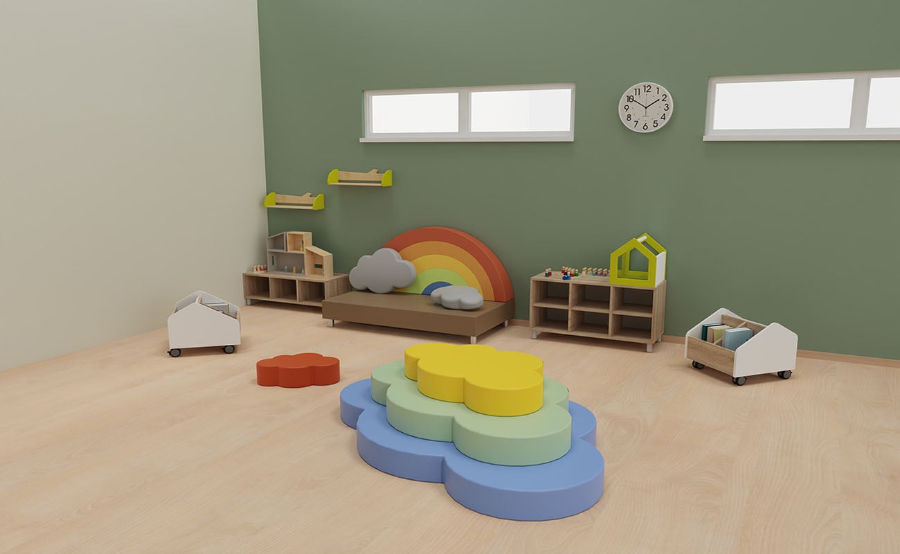 Gruppenraum Regenbogen Ausschnitte mit Betzold Regenbogensofa, Softbausteine Wolke, modulares Puppenhaus und EduCasa Spiegelhaus und fahrbarer Bücherkiste