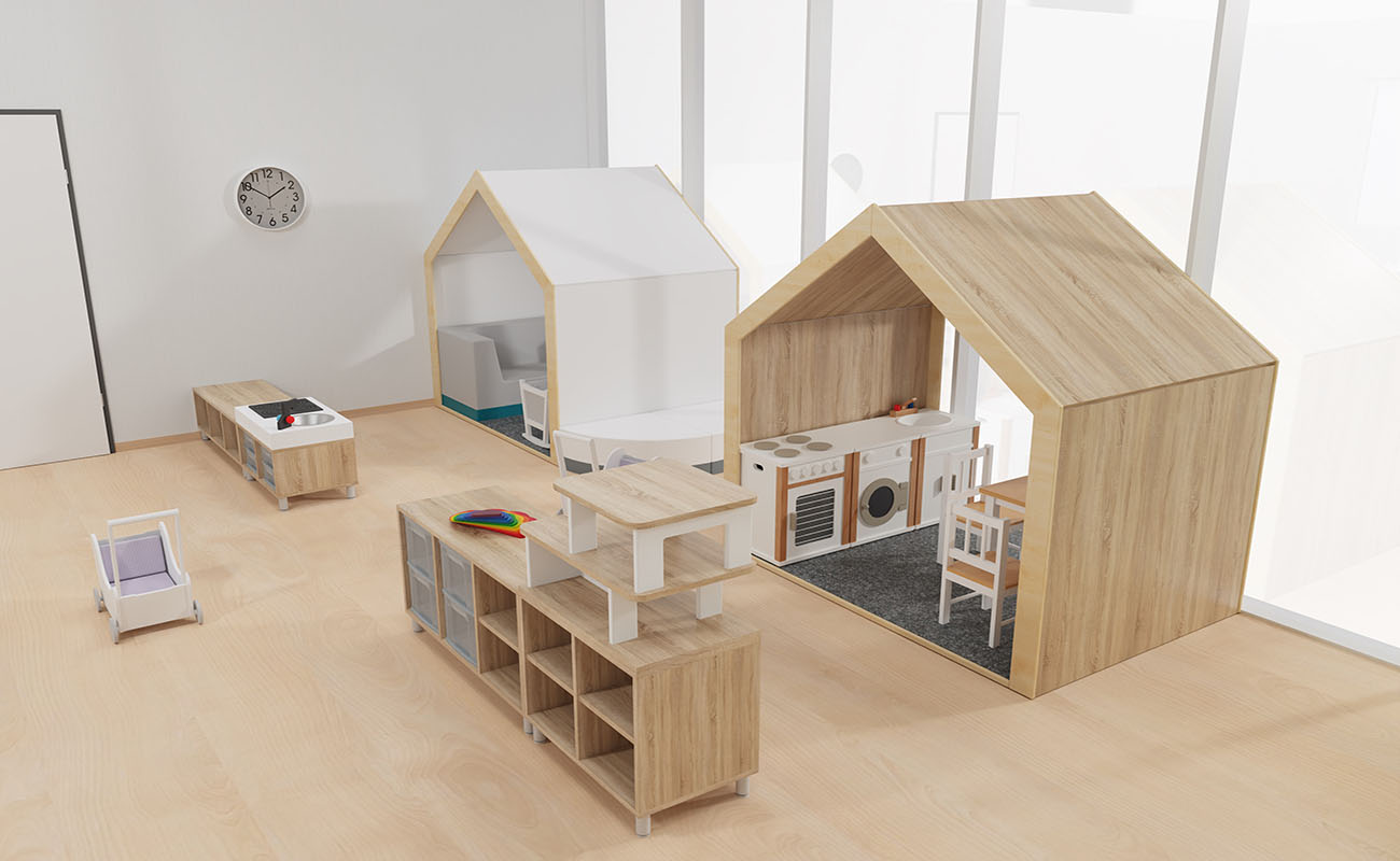 Gruppenraum Spieleparadies Ausschnitt mit EduCasa Spielhäusern, Flexeo Regalen, Betzold Aufsatz Puppenhaus und Küche, Kinderküche und Clubbo Sofa