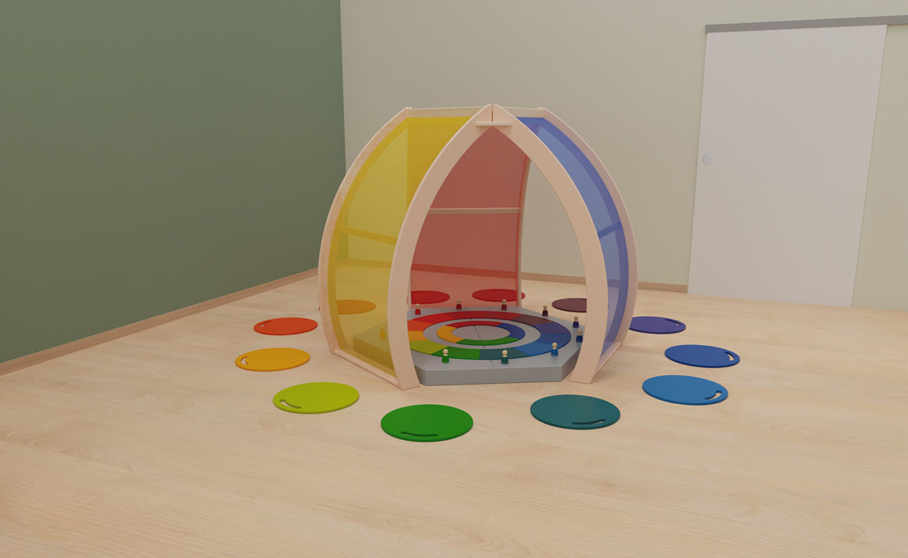 Gruppenraum Regenbogen Gruppenraum Regenbogen Ausschnitt mit EduCasa Farbtempel, Regenbogensitzmatten, Betzold Jahreskreis und Regenbogenfiguren