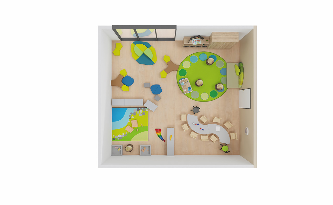 Gruppenraum Waldlichtung Obenansicht mit Schaumelementen Baum, Waldsofa, EduCasa Teppich Dots und Landscape und Sitzecke