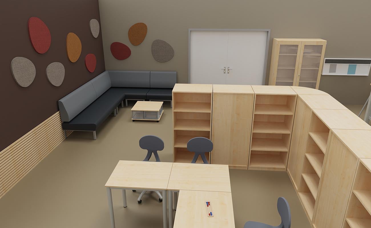 Klassenzimmer Ideenfabrik Klassenzimmer Ideenfabrik Ausschnitt mit Flexeo Lernflex Tischen, xilent Schallschutz, Chillo Sofas und Flexeo Bücherregalen
