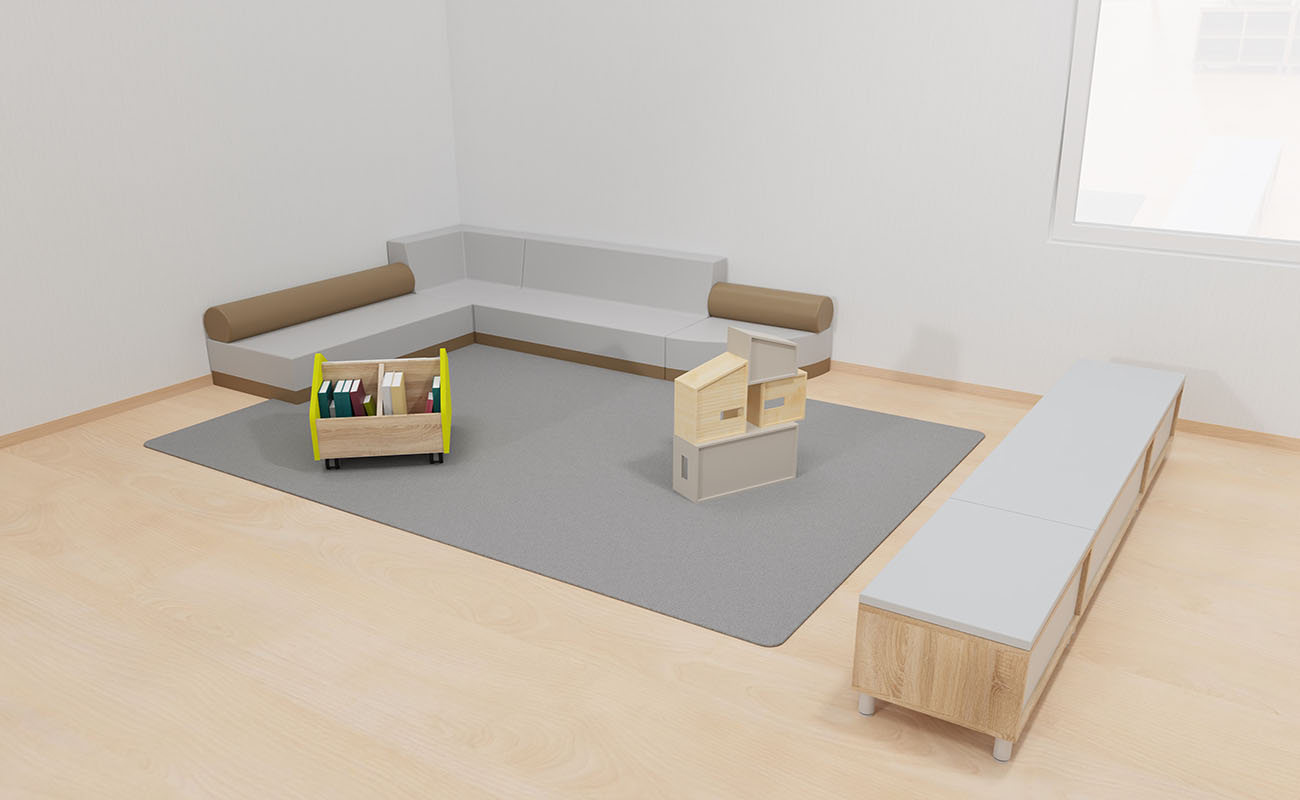 Gruppenraum Spieleparadies Gruppenraum Spieleparadies Ausschnitt Sitzecke mit Clubbo Sofa, EduCasa fahrbare Bücherkiste und modularem Puppenhaus