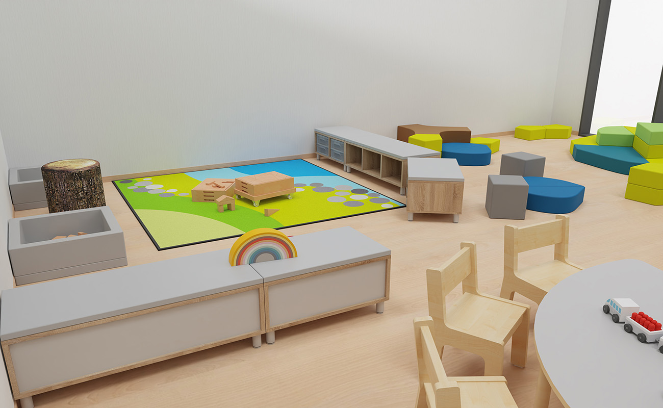 Gruppenraum Waldlichtung Ausschnitt mit EduCasa Teppich Landscape und Flexeo Regalen als Raumtrenner