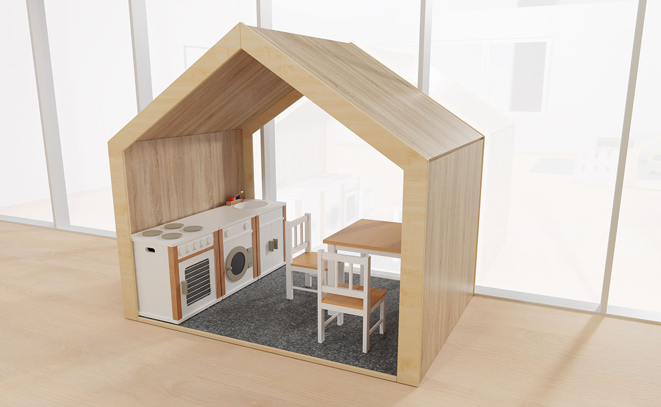 Gruppenraum Spieleparadies Gruppenraum Spieleparadies Ausschnitt mit EduCasa Spielhaus, Betzold Kinderküche und Kindersitzgruppe