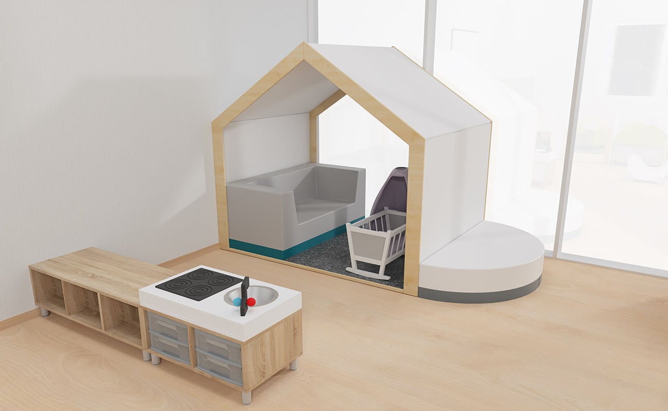 Gruppenraum Spieleparadies Ausschnitt mit EduCasa Spielhaus mit Clubbo Sofa, Betzold Puppenwiege und Puppenwagen, Flexeoregal mit Betzold Aufsatz Küche