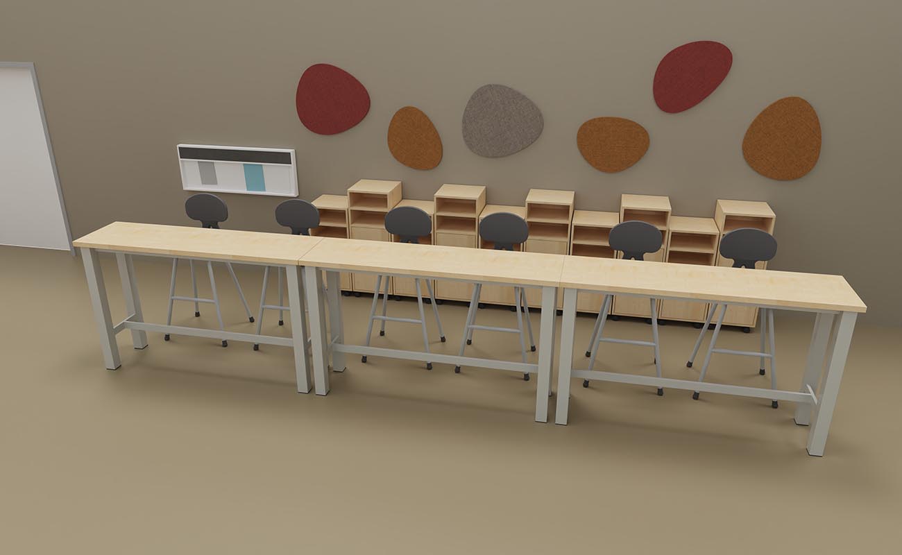 Klassenzimmer Ideenfabrik Sitzbereich Klassenzimmer Ideenfabrik Sitzbereich mit essBar Hochtischen, Betzold Hochstühlen, xilent Schallschutz, Flexeo Caddys und eduCasa Tafel