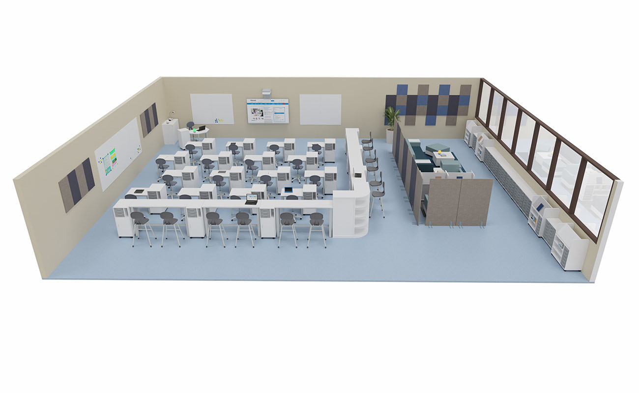 Klassenzimmer LernLounge mit Flexeo LernFlex Tischen, Chillo Sofas, Schallschutz und Flexeo Boxen