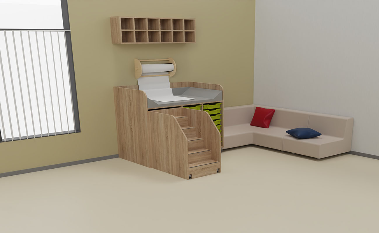Schlafraum Oase Schlafraum Oase Ausschnitt mit Flexeo Wickeltisch und Clubbo Sofa Sitzecke