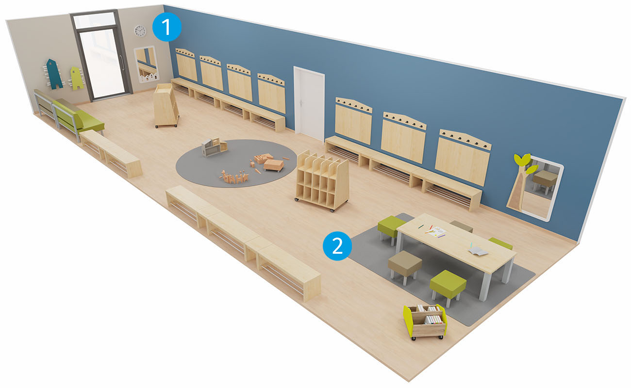 Garderobe Spiel- und Stauraum mit Flexeo Armadio Garderobe, essBar Bänken und Tischen,  EduCasa Taschenwagen und Bücherwagen und Betzold Bausteinwagen