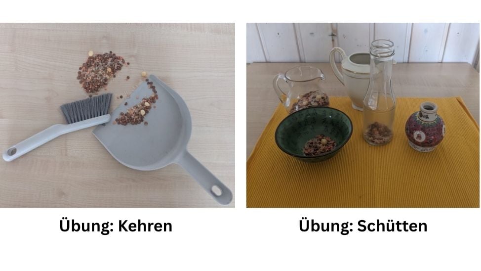 Links: Kehrset, Rechts: Verschiedenen Gefässe mit Schütmaterial