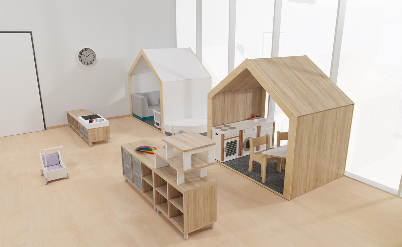 Gruppenraum Spieleparadies Ausschnitt mit EduCasa Spielhäusern, Flexeo Regalen, Betzold Aufsatz Puppenhaus und Küche, Kinderküche und Clubbo Sofa