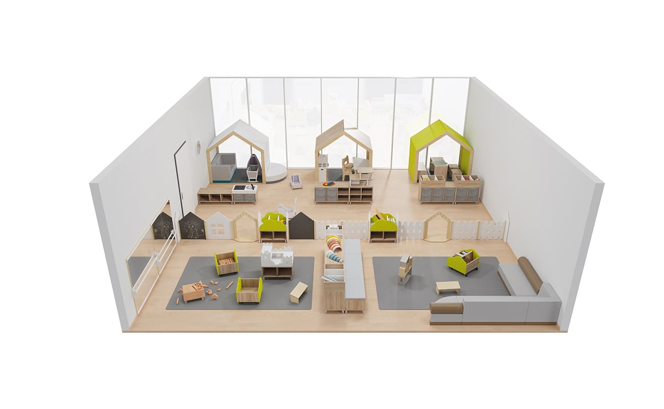 Gruppenraum Spieleparadies mit EduCasa Spielhäusern, Raumtrennern, Betzold Kinderküche, Raumtrenner Gartenzaun, Flexeo Regale und Clubbo Sofa