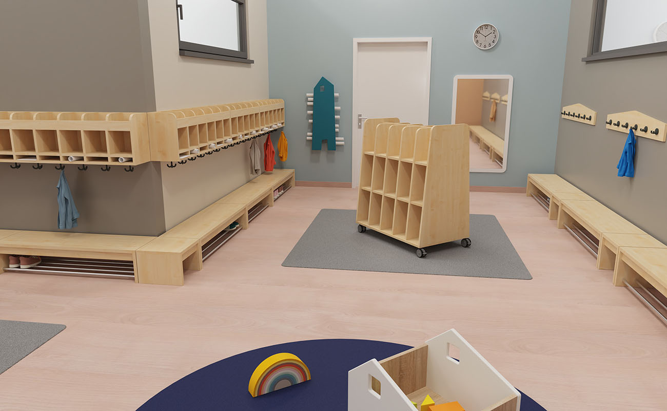 Garderobe Hereinspaziert Ausschnitt mit EduCasa Taschenwagen, Elternpostkasten Haus, Flexeo Armadio Garderobe und EduCasa Spiegel mit gerundeten Ecken