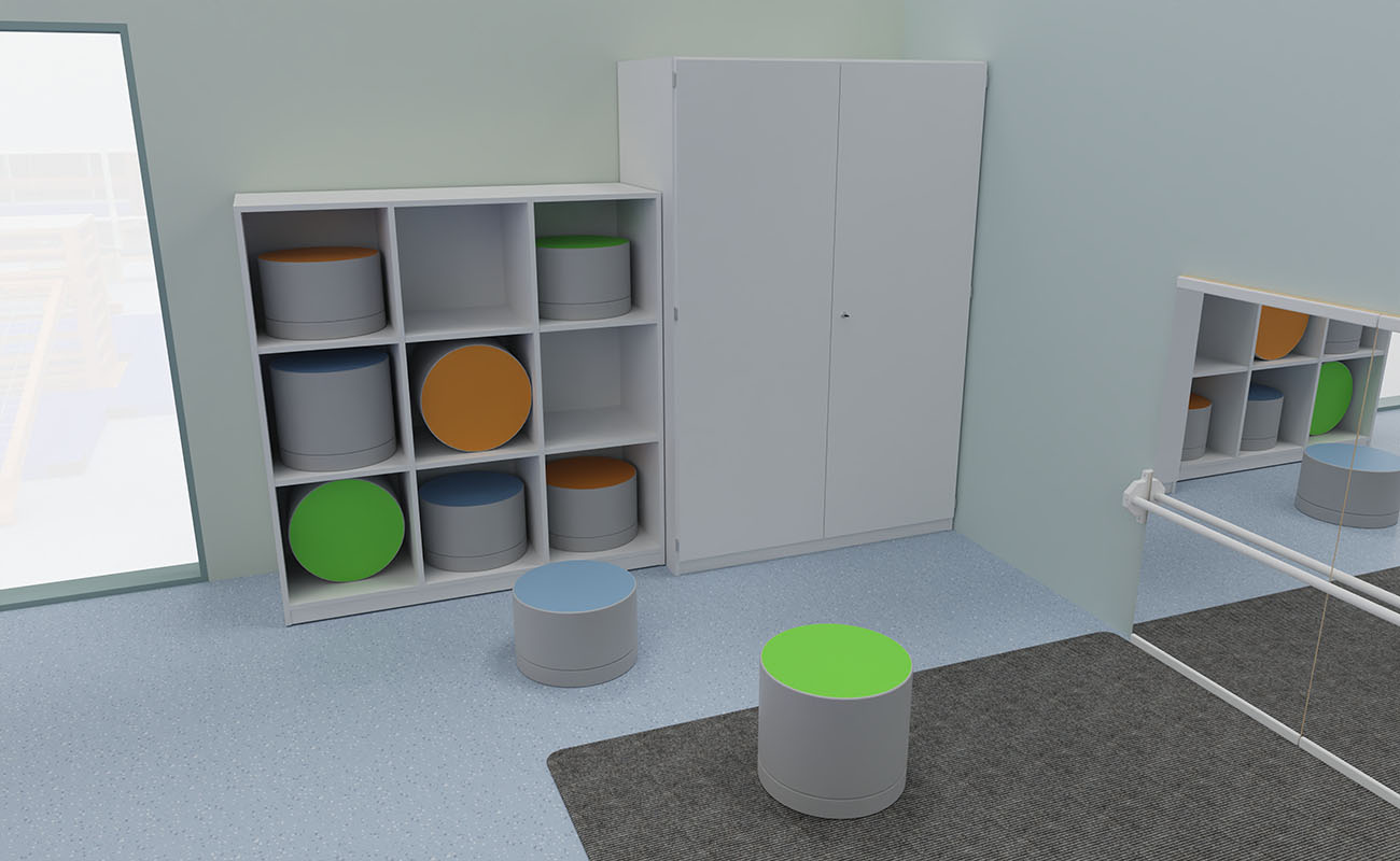 Bewegungsraum Bewegungsdschungel Bewegungsraum Bewegungsdschungel Ecke mit Flexeo Reagl und Flexeo Sportschrank