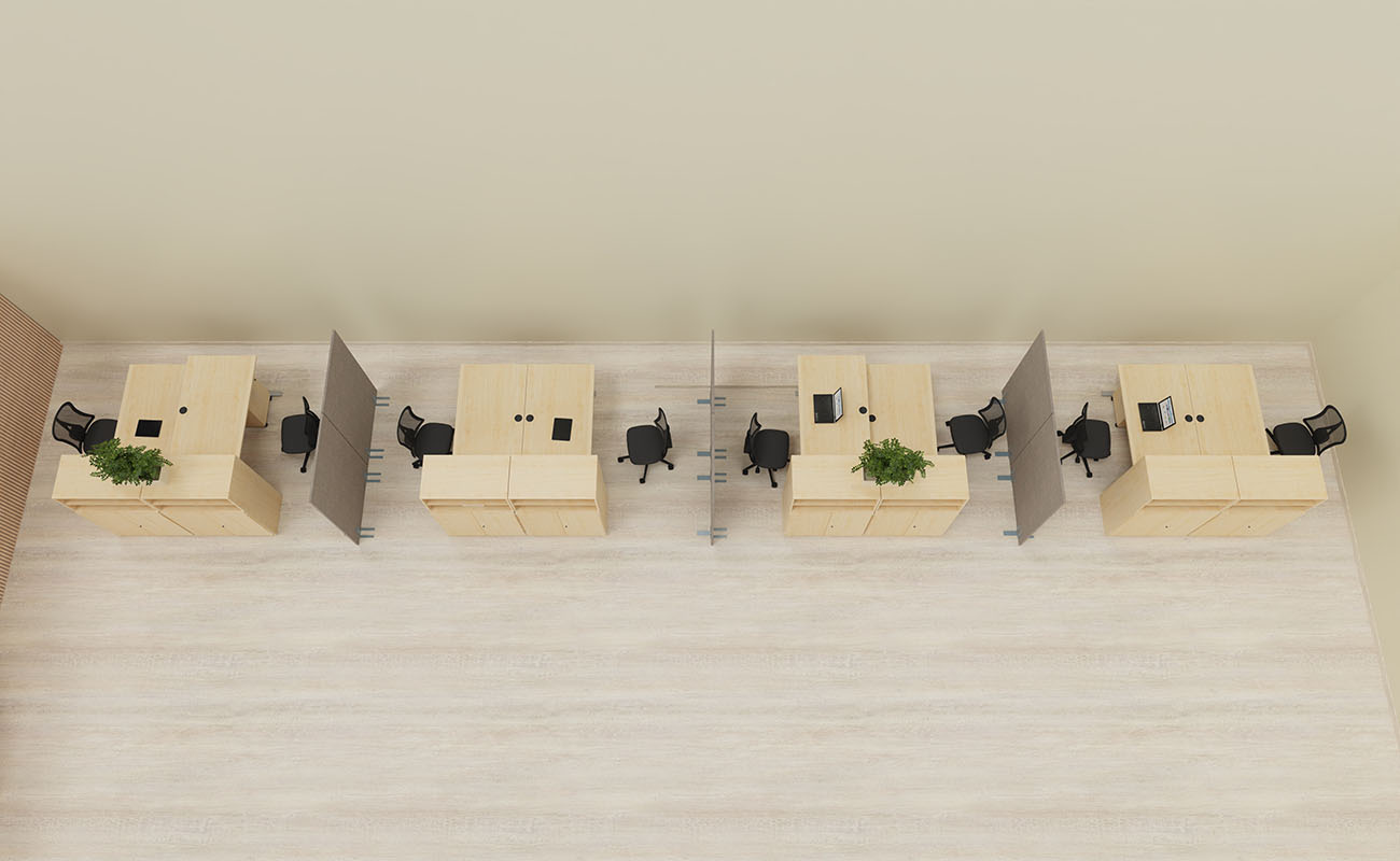 Lehrerzimmer Lehrkraft Lounge Ecke mit höhenverstellbaren Schreibtischen, Flexeo Schränken und Schallschutzwänden