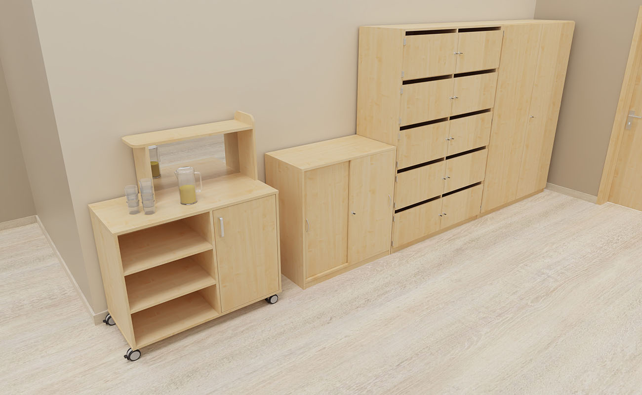 Lehrerzimmer Team-Atelier Lehrerzimmer Team-Atelier Ecke mit Buffetwagen und Flexeo Schliessfachschrank