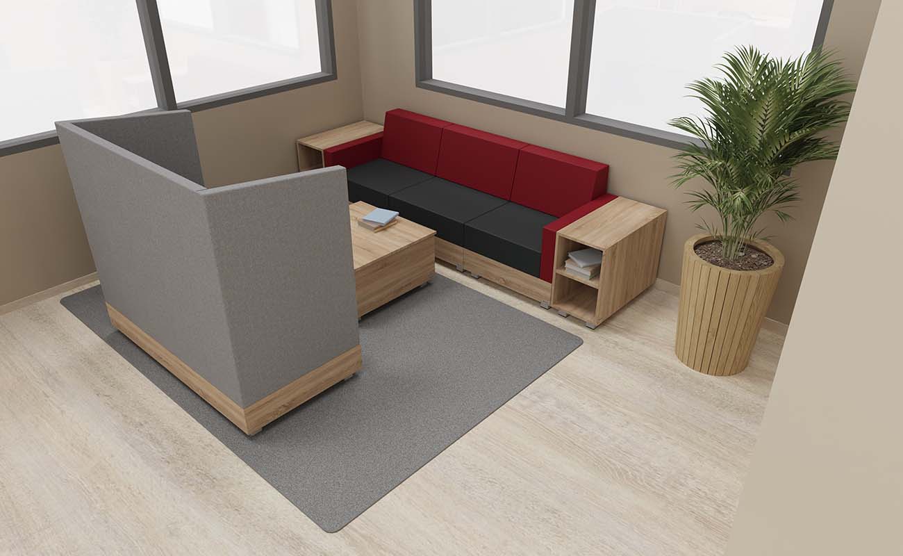 Lehrerzimmer Team-Atelier Lehrerzimmer Team-Atelier Ecke mit Chillo Sofa, Chillo Couchtisch und Chillo Schallschutzsofa