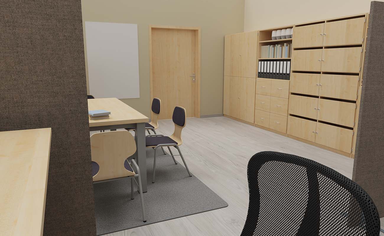 Lehrerzimmer Komfortzone Ausschnitt mit Flexeo Schrank, Schallschutz und Schreibtischstühlen