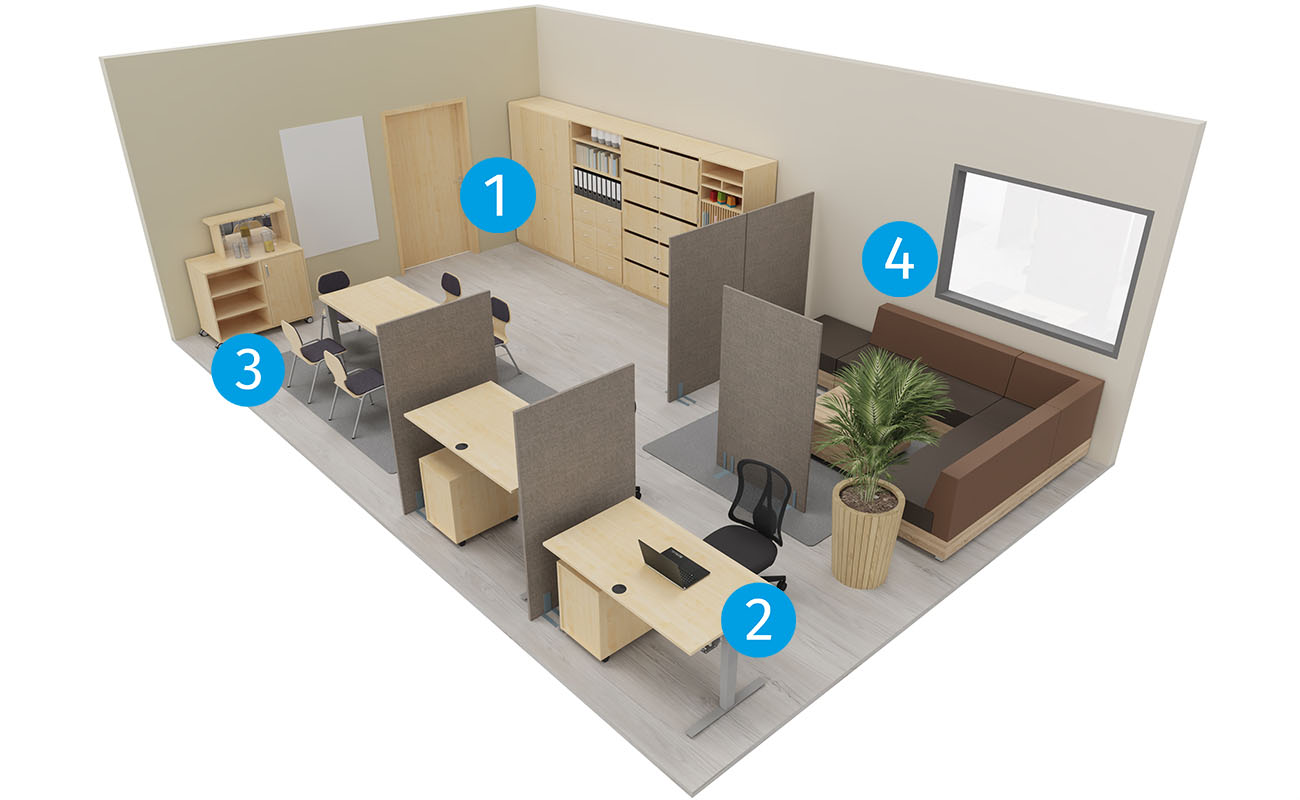 Lehrerzimmer Komfortzone mit Icons mit Flexeo Schränken, Schreibtischen und Schallschutzmodulen