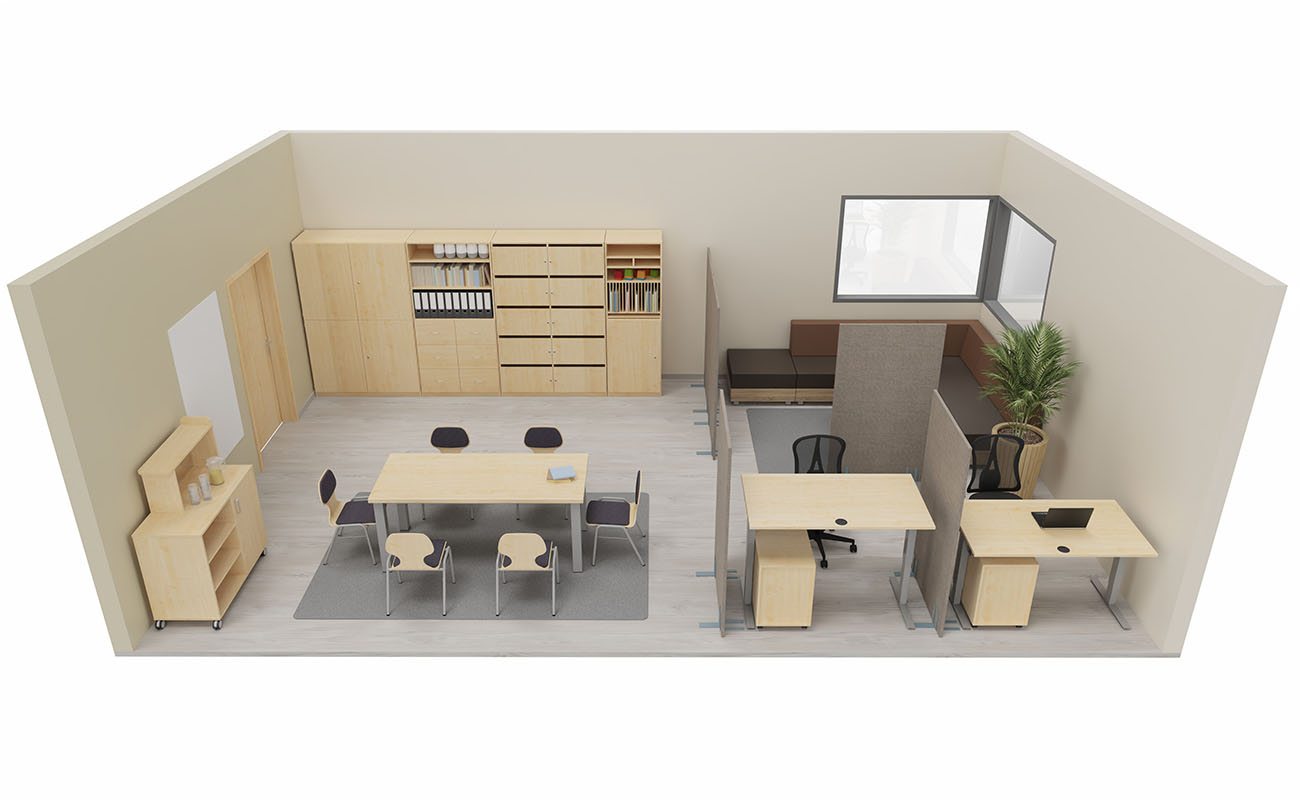 Lehrerzimmer Komfortzone Seitenansicht mit Flexeo Regalen, Chillo Sofaecke und Betzold Getränkemobil