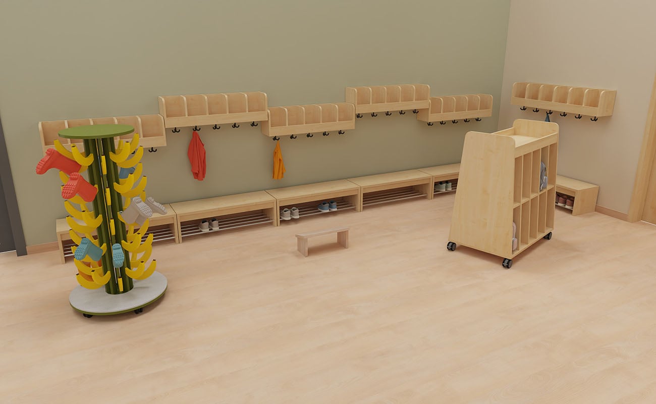 Treffpunkt der Möglichkeiten Garderobenecke Treffpunkt der Möglichkeiten Ecke mit Flexeo Armadio Garderobe, Flexeo Taschenwagen, Betzold Kniebänkchen und Stiefelwagen Banane