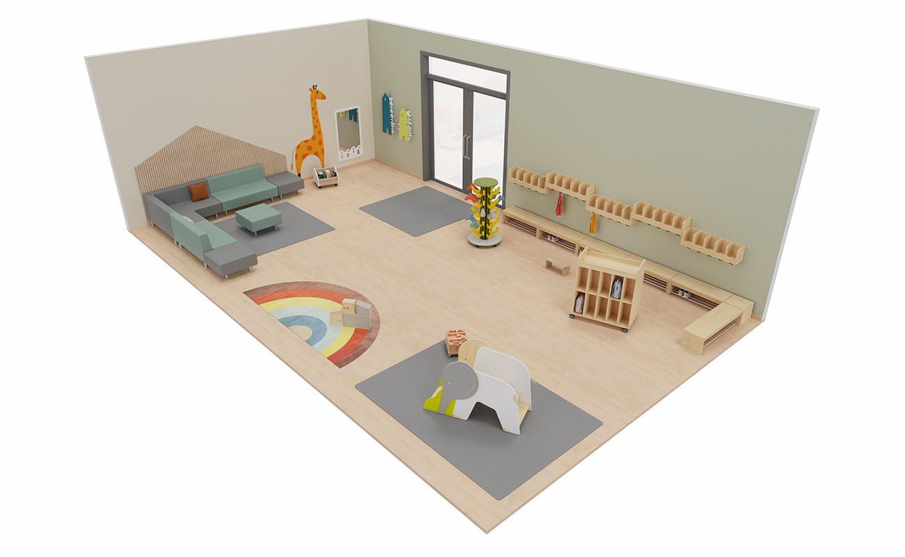 Treffpunkt der Möglichkeiten Eingangsbereich mit Flexeo Neo Sofas, Flexeo Armadio Garderoben, Stiefelwagen Banane und Flexeo Armadio Taschenwagen