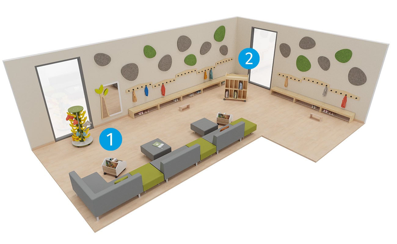 Treffpunkt Marktplatz mit Icons mit Betzold Neo Sofas, Flexeo Armadio Garderobe und Schallschutzelementen