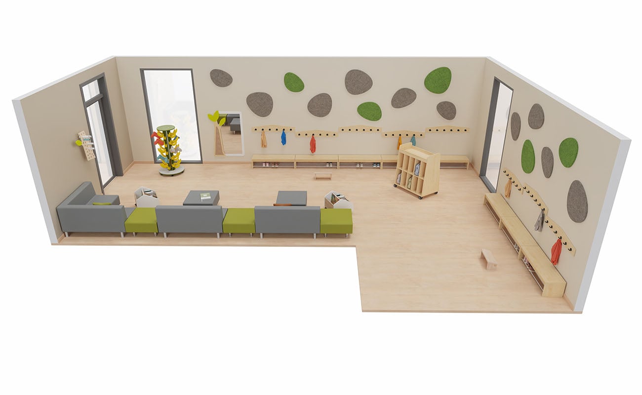 Treffpunkt Marktplatz mit Betzold Neo Sofas, Flexeo Armadio Garderobe und Schallschutzelementen