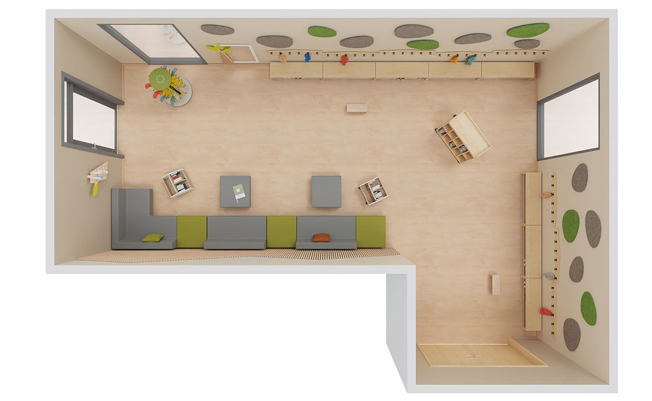 Treffpunkt Marktplatz Ansicht von oben mit Betzold Neo Sofas, Flexeo Armadio Garderobe und Schallschutzelementen