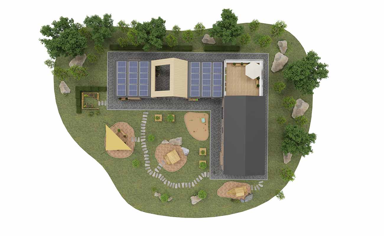 Aussenbereich Entdeckerinsel mit Plantas Sitzmöglichkeiten, Betzold Hüttengaudi, Matschtisch, Outdoorküche und Hochbeeten