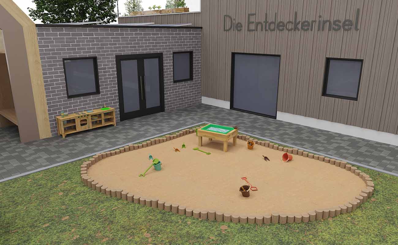 Aussenbereich Entdeckerinsel Ecke mit Sandkasten mit Betzold Sandspielzeug, Outdoorküche und Matschtisch