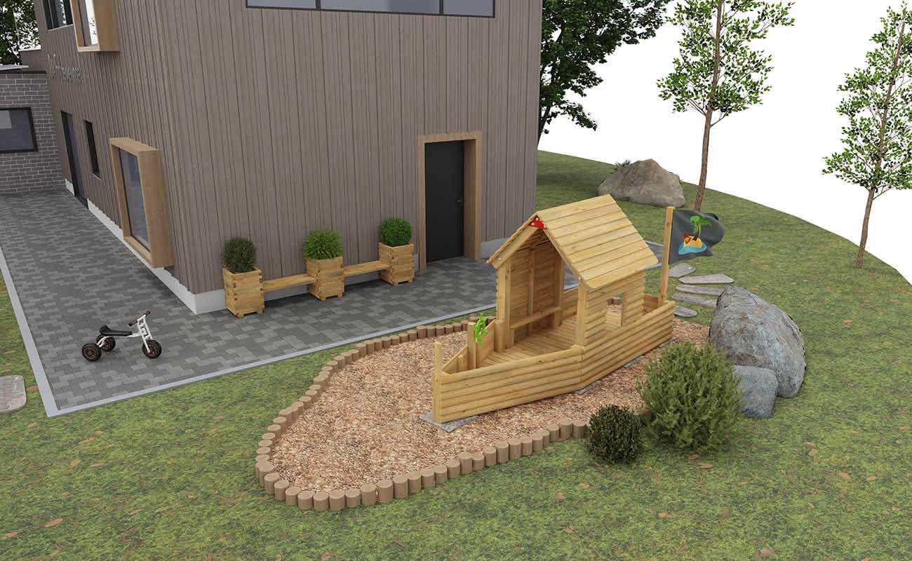 Aussenbereich Entdeckerinsel Ecke mit Plantas Sitzbänken, Betzold Fahrzeugen und Rollenspielset Schiff