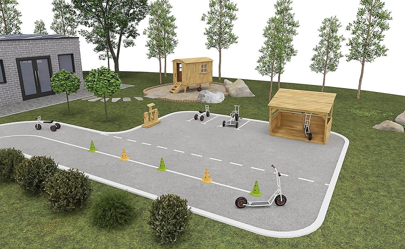 Bewegungsreich Aussenbereich Bewegungsreich Ecke mit Betzold Fahrzeugen, Kegeln, Betzold Multiport und Bauwagen