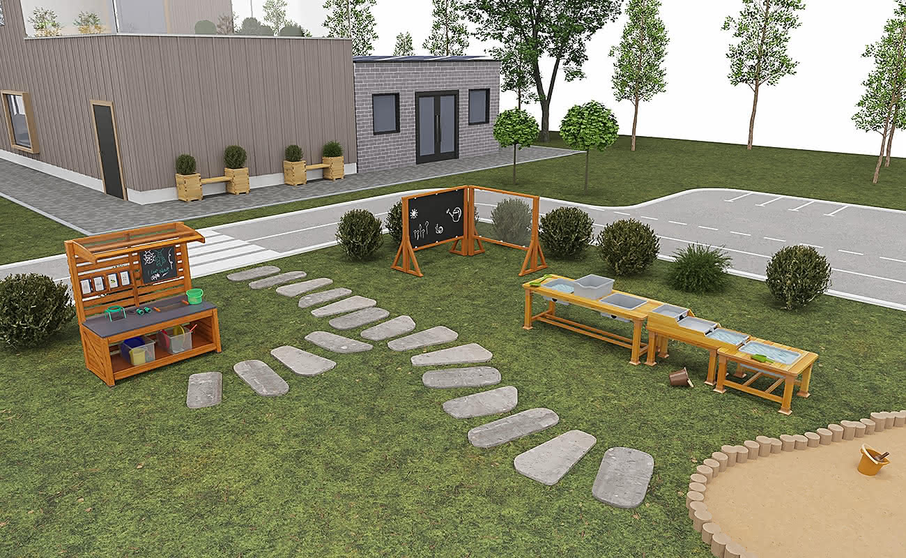 Aussenbereich Bewegungsreich Ecke mit Outdoorküche, Outdoortafeln und Matschtisch