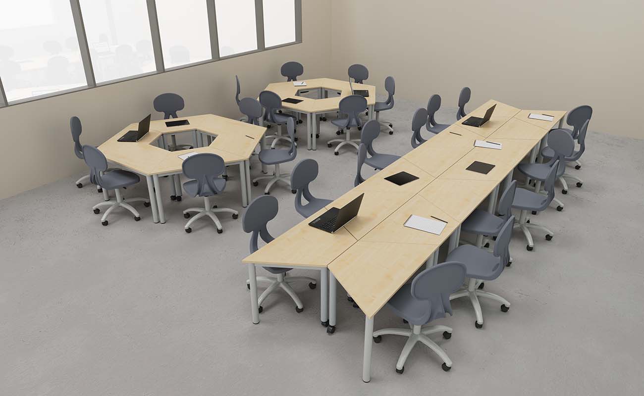 Klassenzimmer Lern-Nest mit modularen Betzold LernFlex Tischen und X-Tra Stühlen