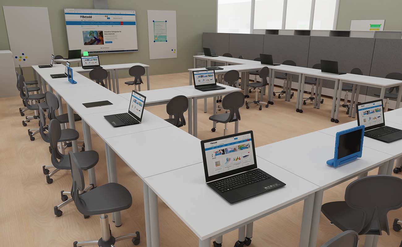 Klassenzimmer Dialogwerkstatt Ausschnitt mit Lernflex Tischen, Xtra Stühlen und Chillo Schallschutzsofas