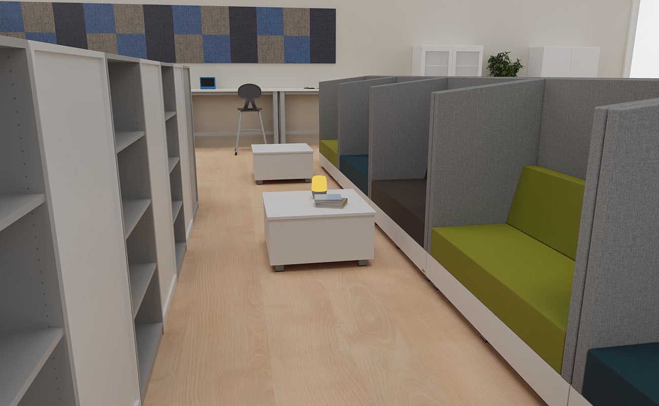 Klassenzimmer Dialogwerkstatt Ausschnitt mit  Flexeo Regalen, Chillo Schallschutzsofas und essBar Hochtischen