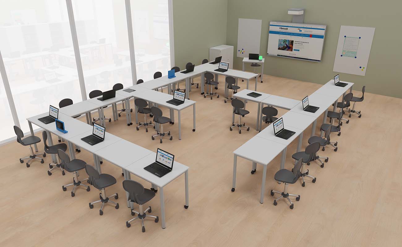 Klassenzimmer Dialogwerkstatt Unterrichtsecke mit Lernflex Tischen, X-tra Stühlen und Whiteboard