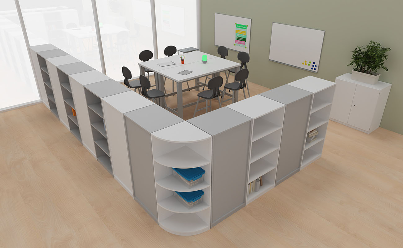 Klassenzimmer Dialogwerkstatt Arbeitsecke mit Flexeo Bücherregalen, essBar Hochtischen und Betzold Hochstühlen