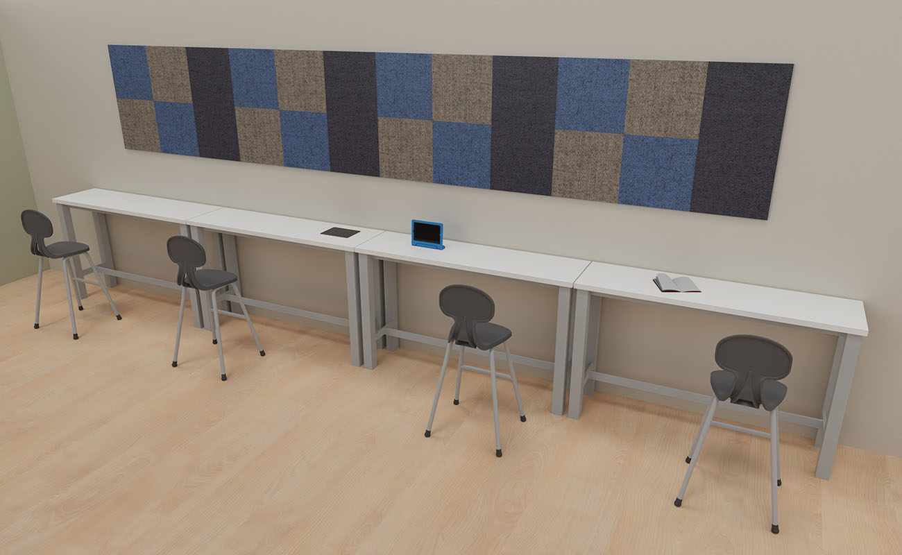 Klassenzimmer Dialogwerkstatt Ecke mit essBar Hochtischen, Hochstühlen und Xilent Schallschutzpanelen